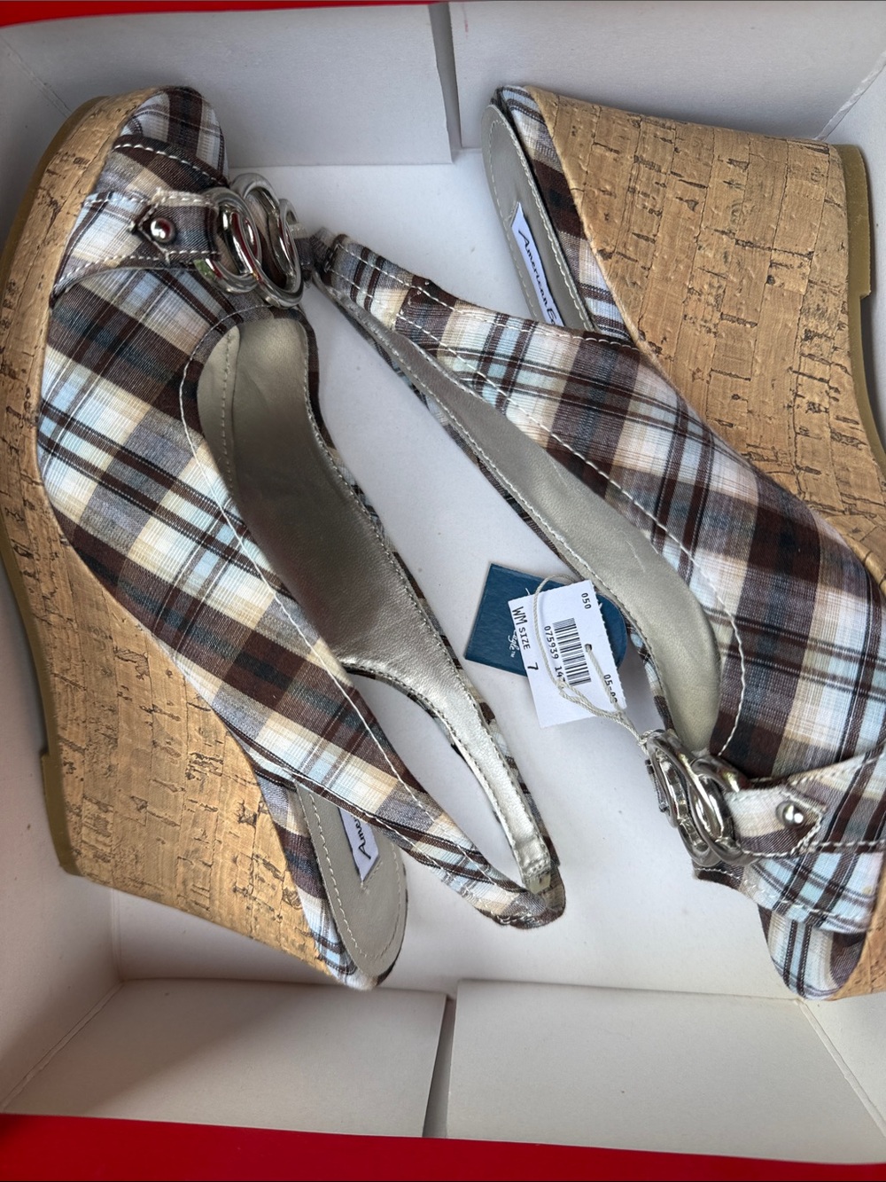 American Eagle Outfitters Brown Plaid Peep-Toe Slingback Wedge Sandals - Picture 12 of 14